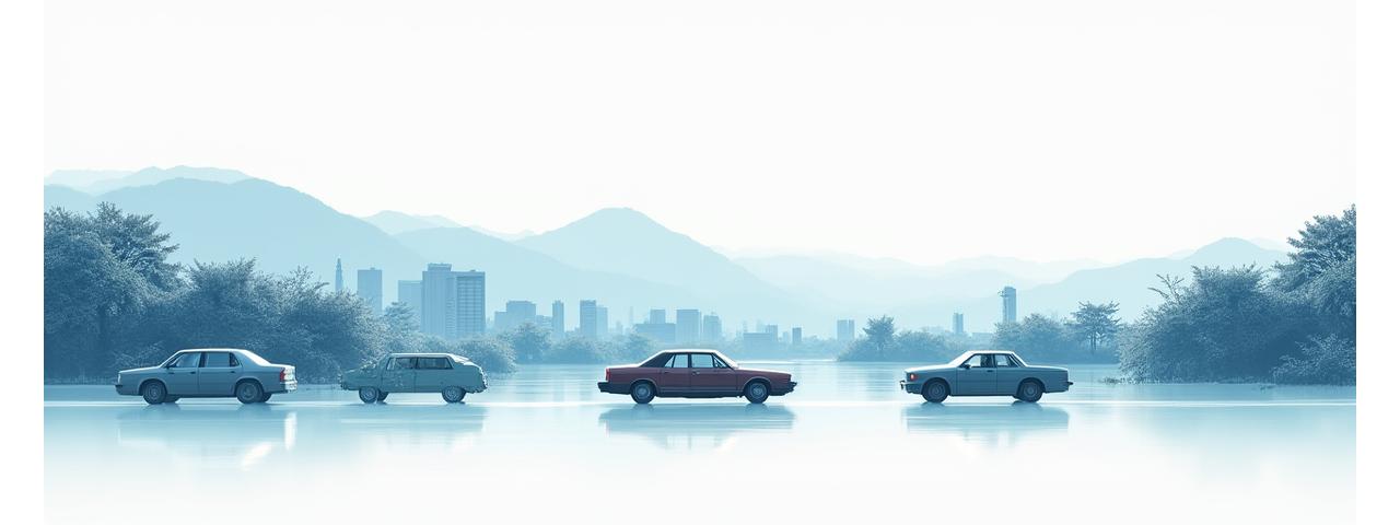 日本の美しい街並みを背景に、時代ごとの車両がタイムラインのように並ぶ