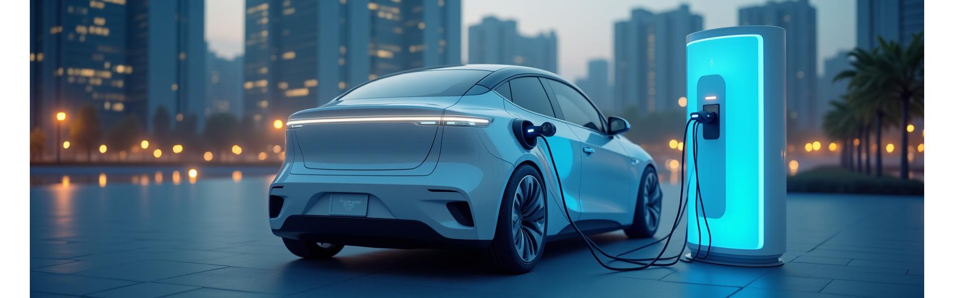 日本の都市部を背景に、スタイリッシュな電気自動車が充電ステーションで充電されている様子。青い光が車両と充電器を繋ぎ、環境に優しい未来の移動を象徴しています。