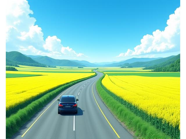 美瑛の丘を走る車とパッチワークのような畑の風景