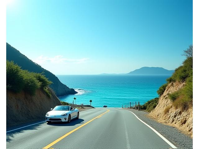 伊豆の海岸線を走る車と透き通った青い海